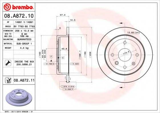 Тормозной диск BREMBO 08.A872.10