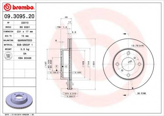 Тормозной диск BREMBO 09.3095.20